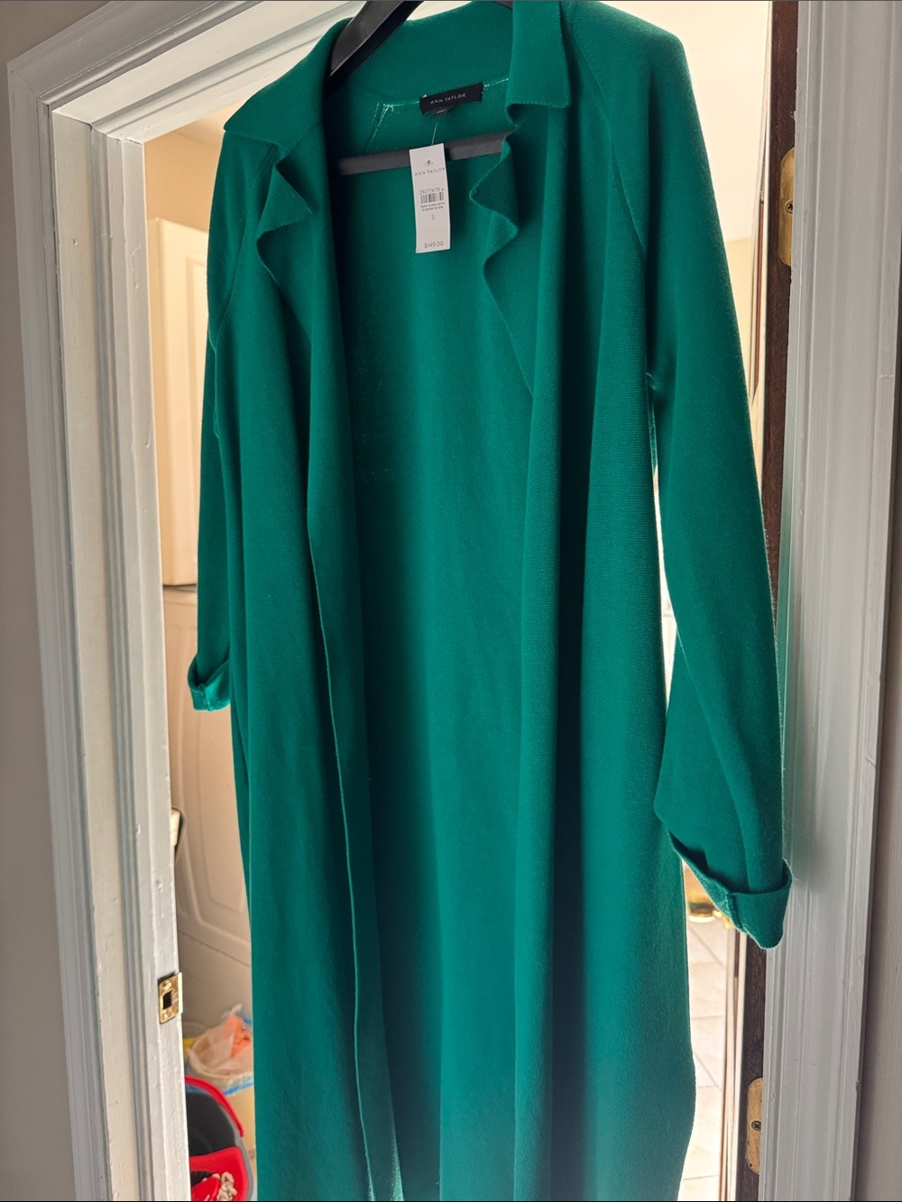 NWT Ann Taylor Women’s Emerald / Kelly Green Long Open Front Duster sweater